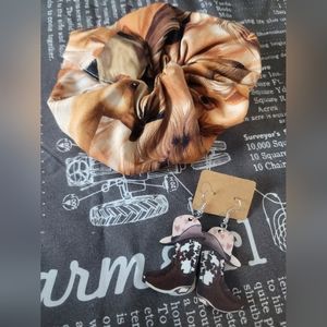 Western Scrunchie and Cowboy Boot Earrings Set